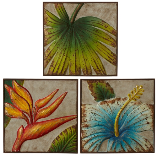 DIVA AT HOME  Set Of 3 And Blue Decorative Embossed Tropical Wall Decor 16.5" In Green