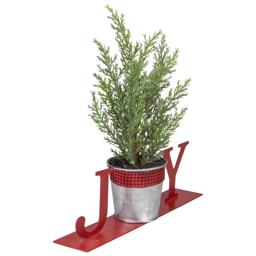 10" Red "JOY" Potted Faux Pine in Metal Planter Christmas Tabletop Plaque