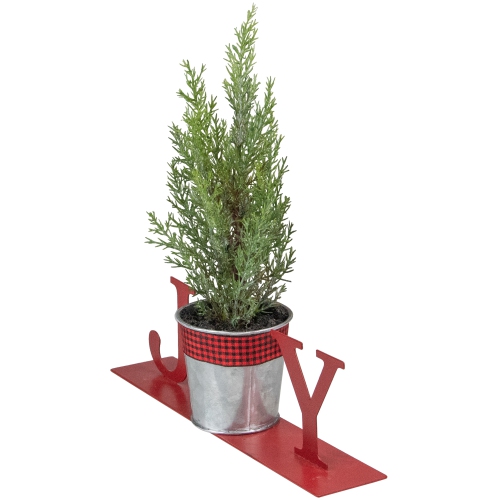 10" Red "JOY" Potted Faux Pine in Metal Planter Christmas Tabletop Plaque