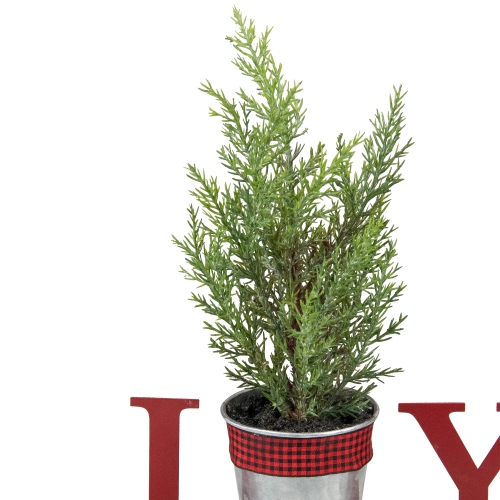 10" Red "JOY" Potted Faux Pine in Metal Planter Christmas Tabletop Plaque