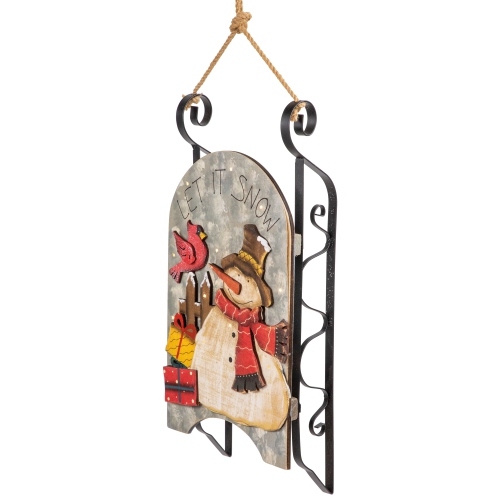 17" LED Lighted Wooden Sled with Snowman and Cardinal Christmas Decoration