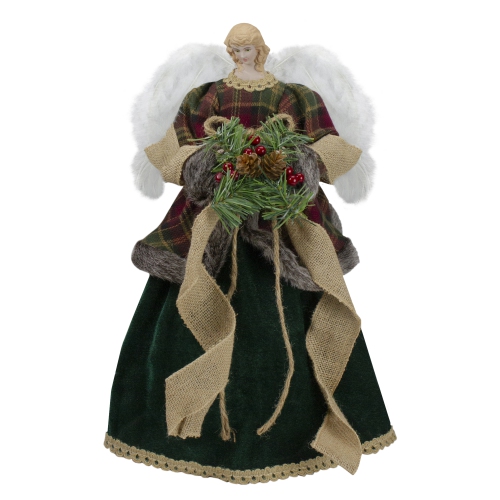 NORTHLIGHT  18" And Green Angel In A Dress Christmas Tree Topper Accented With Holly Berries - Unlit In Red