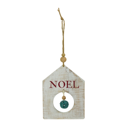 8" Rustic Wooden White "NOEL" With Green Bell Christmas Ornament