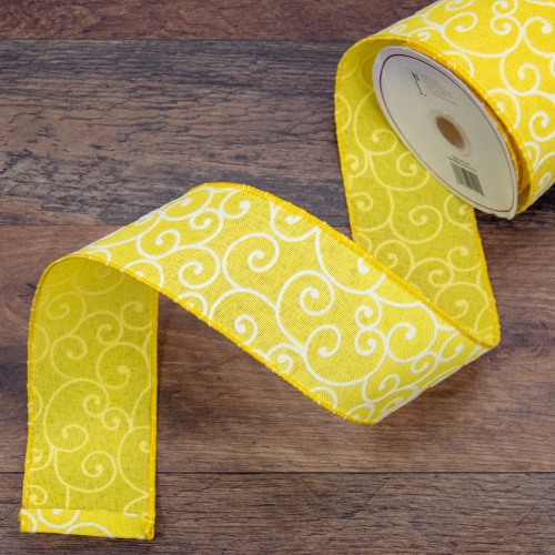 Yellow White Swirl Design Wired Craft Ribbon 7/8" x 10 Yards