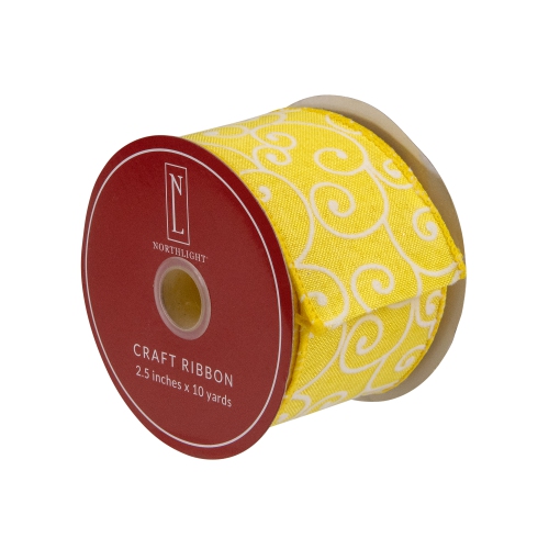 Yellow White Swirl Design Wired Craft Ribbon 7/8" x 10 Yards