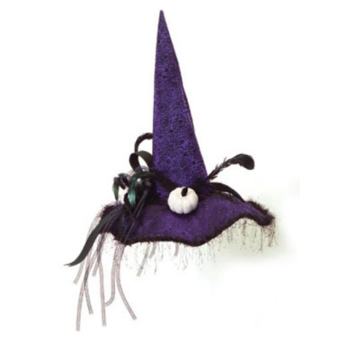 22" Purple and Black Halloween Witch Hat with White Pumpkins, Feathers and Lace