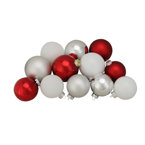 72ct Red, Silver and White Shiny and Matte Glass Ball Christmas Ornaments 3.25-4"