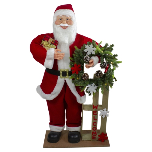 NORTHLIGHT  3' Santa Claus Holding A Wooden Sleigh "welcome" Christmas Sign