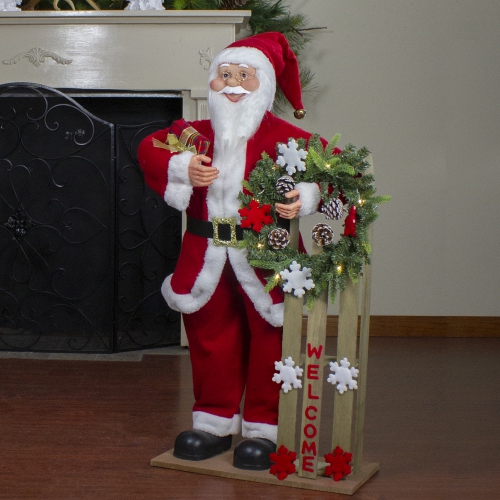 3' Santa Claus Holding a Wooden Sleigh "Welcome" Christmas Sign