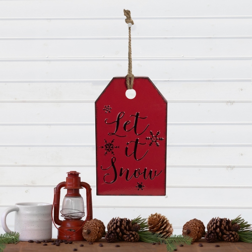 12.25" Red and Black Metal Distressed "Let It Snow" Christmas Wall Decor