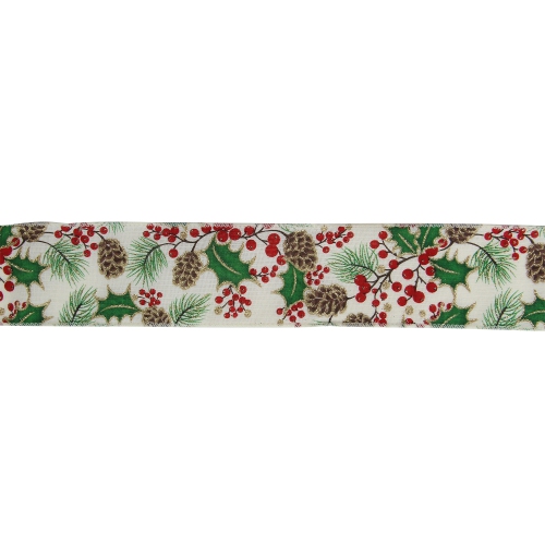 Glitter White and Green Holly Berries Christmas Wired Craft Ribbon 2.5" x 16 Yards