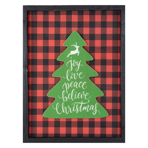 16" Red and Black Buffalo Plaid Christmas Tree Shadow Box Wall Plaque