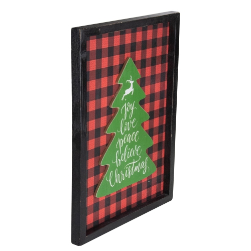 16" Red and Black Buffalo Plaid Christmas Tree Shadow Box Wall Plaque