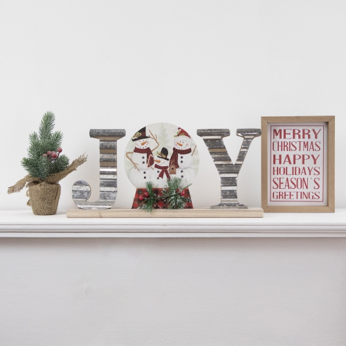 15" Galvanized Metal and Wooden 'Joy' Snowman Family Christmas Sign