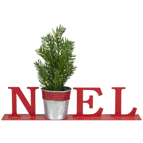 13" Red "NOEL" Potted Faux Pine in Metal Planter Christmas Tabletop Plaque