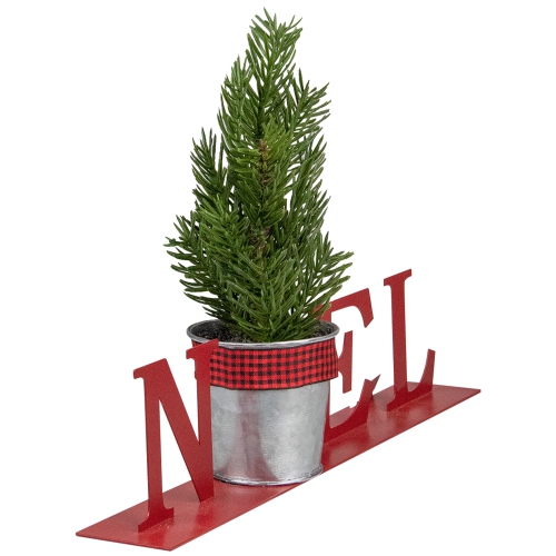 13" Red "NOEL" Potted Faux Pine in Metal Planter Christmas Tabletop Plaque