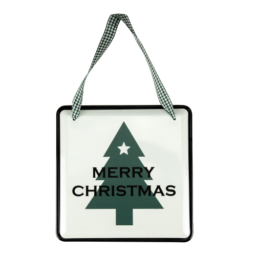 8" Merry Christmas Metal Wall Sign with Green Check Ribbon