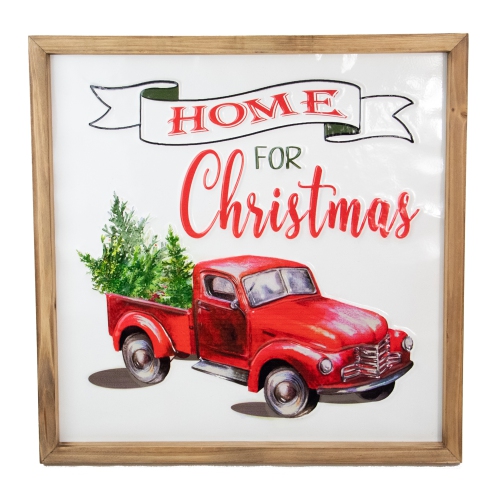 NORTHLIGHT  16" Vintage Truck With A Forest Tree "home for Christmas" Metal With A Wooden Frame Wall Decor In Red