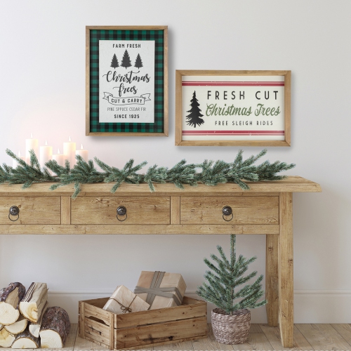 16" Buffalo Plaid Wooden Framed "Farm Fresh Christmas Trees" Wall Decor