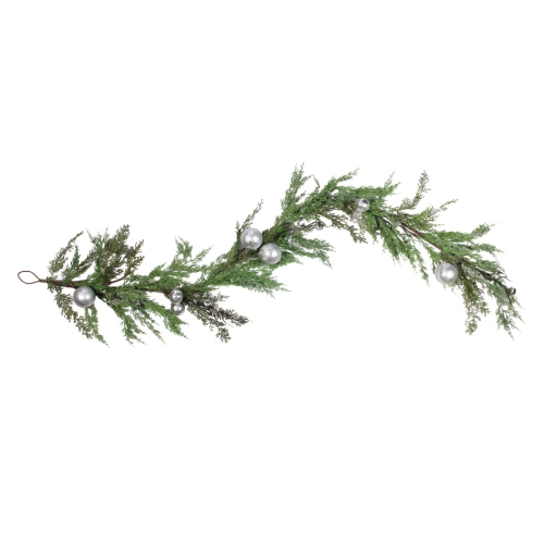 5' Green and Silver Iced Cedar Christmas Garland with Ornaments Bells - Unlit