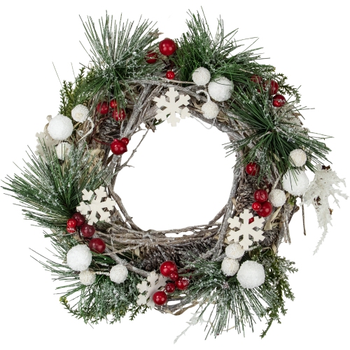 NORTHLIGHT  Snowflakes And Berries Winter Foliage Mini Christmas Wreath, 10-Inch, Unlit