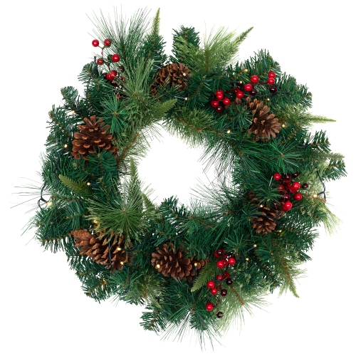 24" Pre-Lit Artificial Mixed Pine and Berries Christmas Wreath