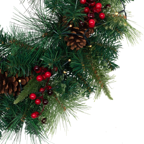 24" Pre-Lit Artificial Mixed Pine and Berries Christmas Wreath
