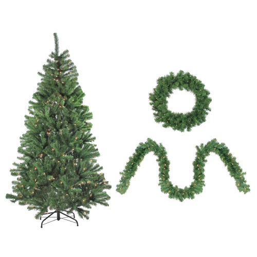 4-Piece Artificial Winter Spruce Christmas Tree, Wreath and Garland Set 6.5' - Clear Lights