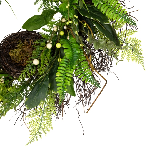 Green and Brown Foliage Artificial Spring Wreath with Nest - 24-Inch, Unlit