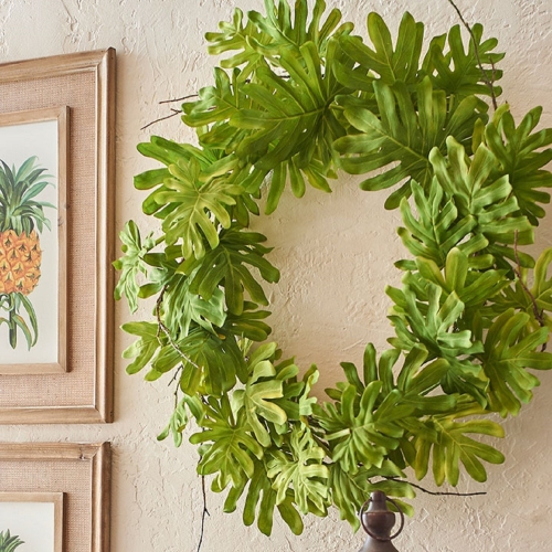 Couronne tropicale artificielle feuilles et brindilles de Philodendron, 26 po, sans lumières