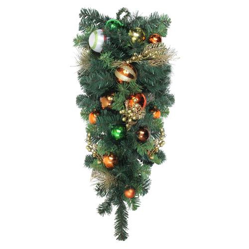 30" Green Foliage and Ornaments Artificial Christmas Teardrop Swag, Unlit