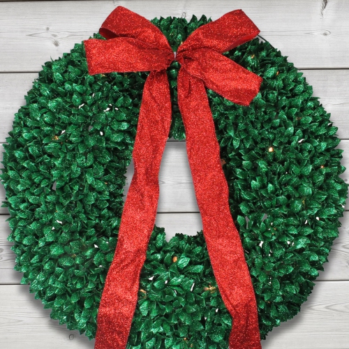 Pre-Lit Glittered Leaves Artificial Christmas Wreath - 28-Inch, Clear Lights