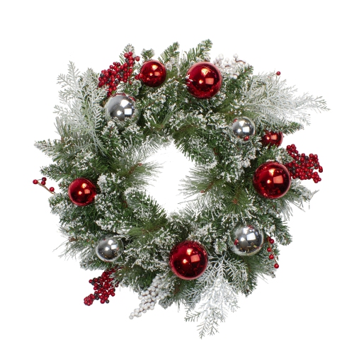 Flocked Mixed Pine with Ornaments and Berries Artificial Christmas Wreath, 24-Inch, Unlit