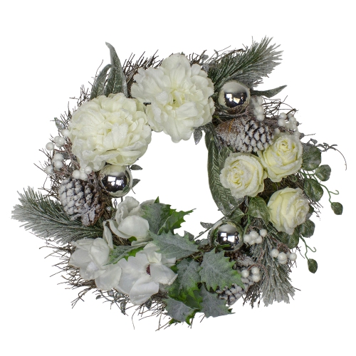 White and Silver Floral Flocked Pine Artificial Grapevine Christmas Wreath - 24-Inch, Unlit