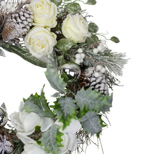 White and Silver Floral Flocked Pine Artificial Grapevine Christmas Wreath - 24-Inch, Unlit