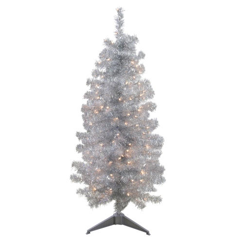 4' x 22" Pre-Lit Slim Silver Artificial Tinsel Christmas Tree - Clear Lights