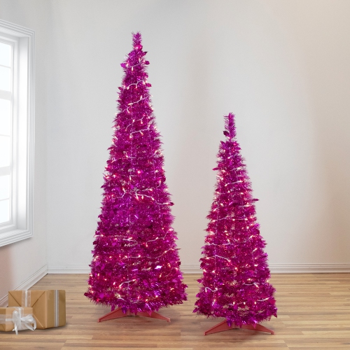 6' Pre-Lit Pink Tinsel Pop-Up Artificial Christmas Tree, Clear Lights