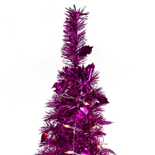 6' Pre-Lit Pink Tinsel Pop-Up Artificial Christmas Tree, Clear Lights