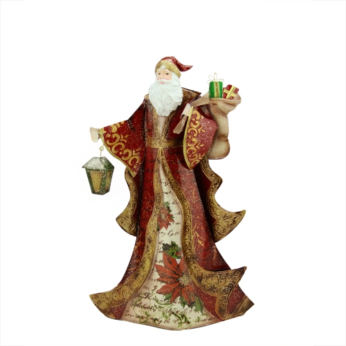 GALLERIE II  17.75" Vintage Postcard Santa Holding Lantern And Gifts Tin Table Top Christmas Decoration In Red
