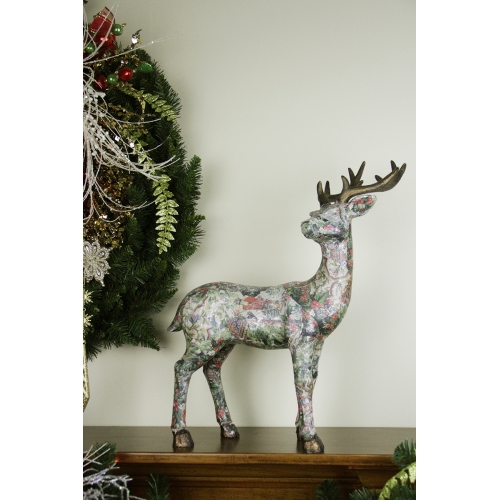 GALLERIE II  19" Victorian Holly Berry Decoupage Stag Deer Reindeer With Turned Head Table Top Decoration