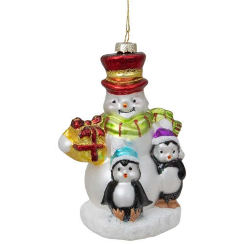 NORTHLIGHT  5.5" Snowman With Penguins Hanging Glass Christmas Ornament