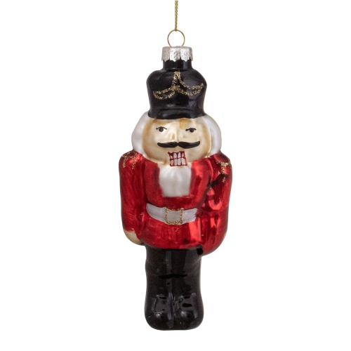 5" Red and Black Nutcracker Hanging Glass Christmas Ornament