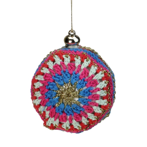 NORTHLIGHT  And Blue Knit Embroide Hanging Christmas Ball Ornament 4" (100Mm) In Red