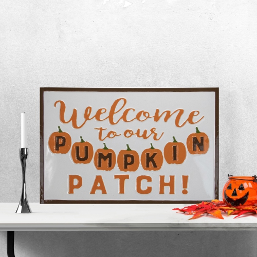20.25" Orange and White "Welcome To Our Pumpkin Patch!" Autumn Metal Wall Decor