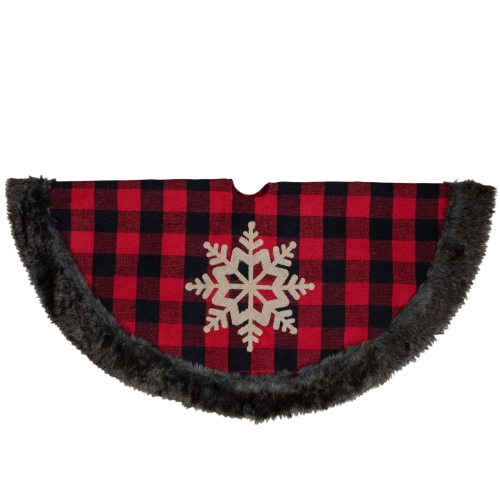 48-Inch Red and Black Christmas Tree Skirt with Burlap Snowflake
