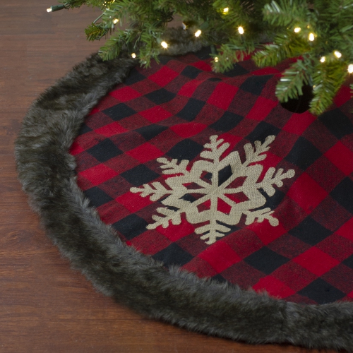 48-Inch Red and Black Christmas Tree Skirt with Burlap Snowflake
