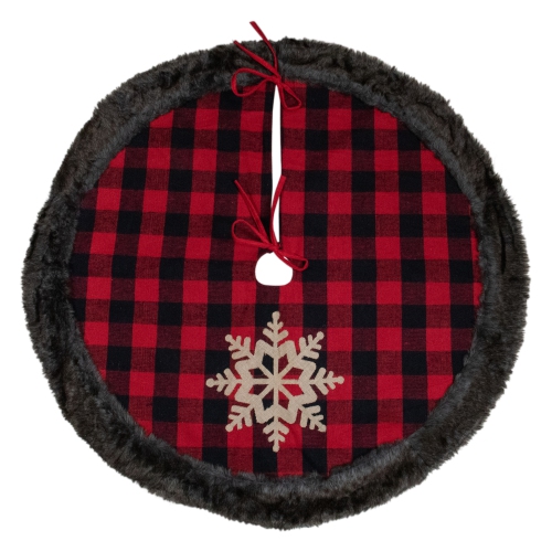 48-Inch Red and Black Christmas Tree Skirt with Burlap Snowflake