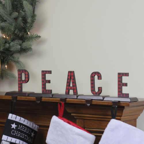 5 Piece Set Red and Black Buffalo Plaid “PEACE" Christmas Stocking Holder 6"