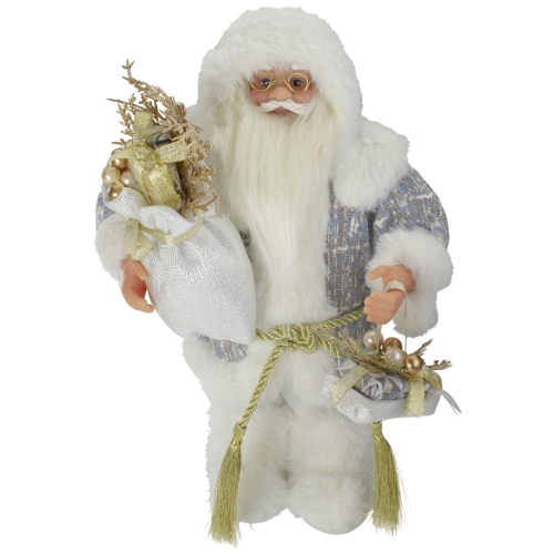 NORTHLIGHT  12" And Gold Standing Santa Carrying A Full Sac Of Presents Christmas Figure In White