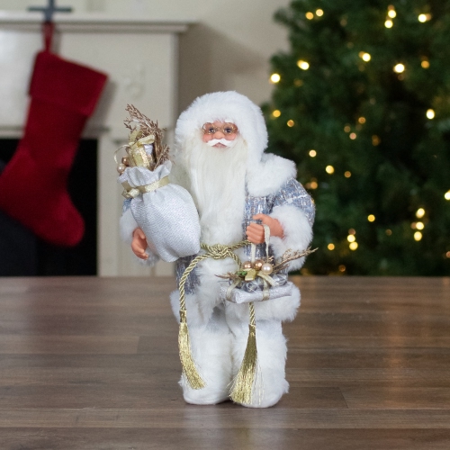 12" White and Gold Standing Santa Carrying a Full Sac Of Presents Christmas Figure